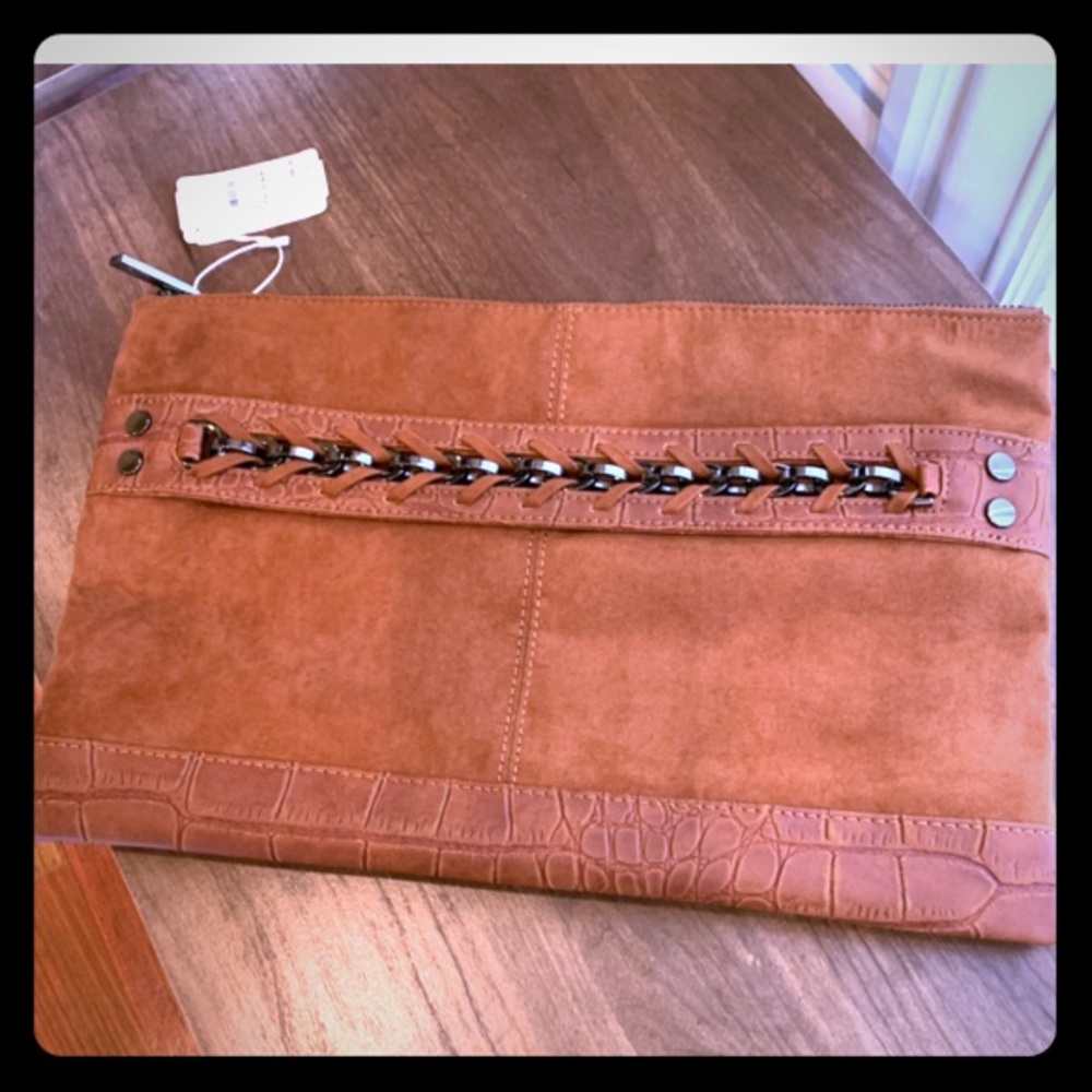Neiman Marcus Microsuede Tan Clutch, 14” x 9”  NWT